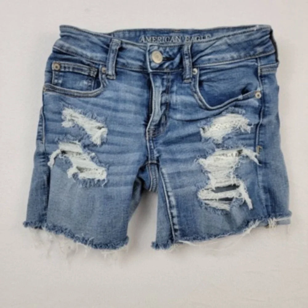 American Eagle Outfitters Womens Jean Shorts Blue Distressed Frayed Low Rise 2